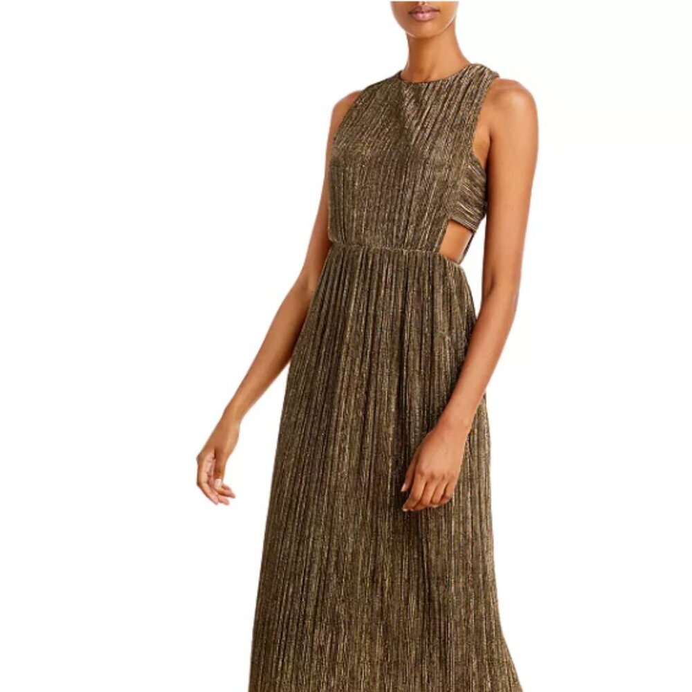 BCBGMaxAzria Metallic Gold Pleated Maxi Dress